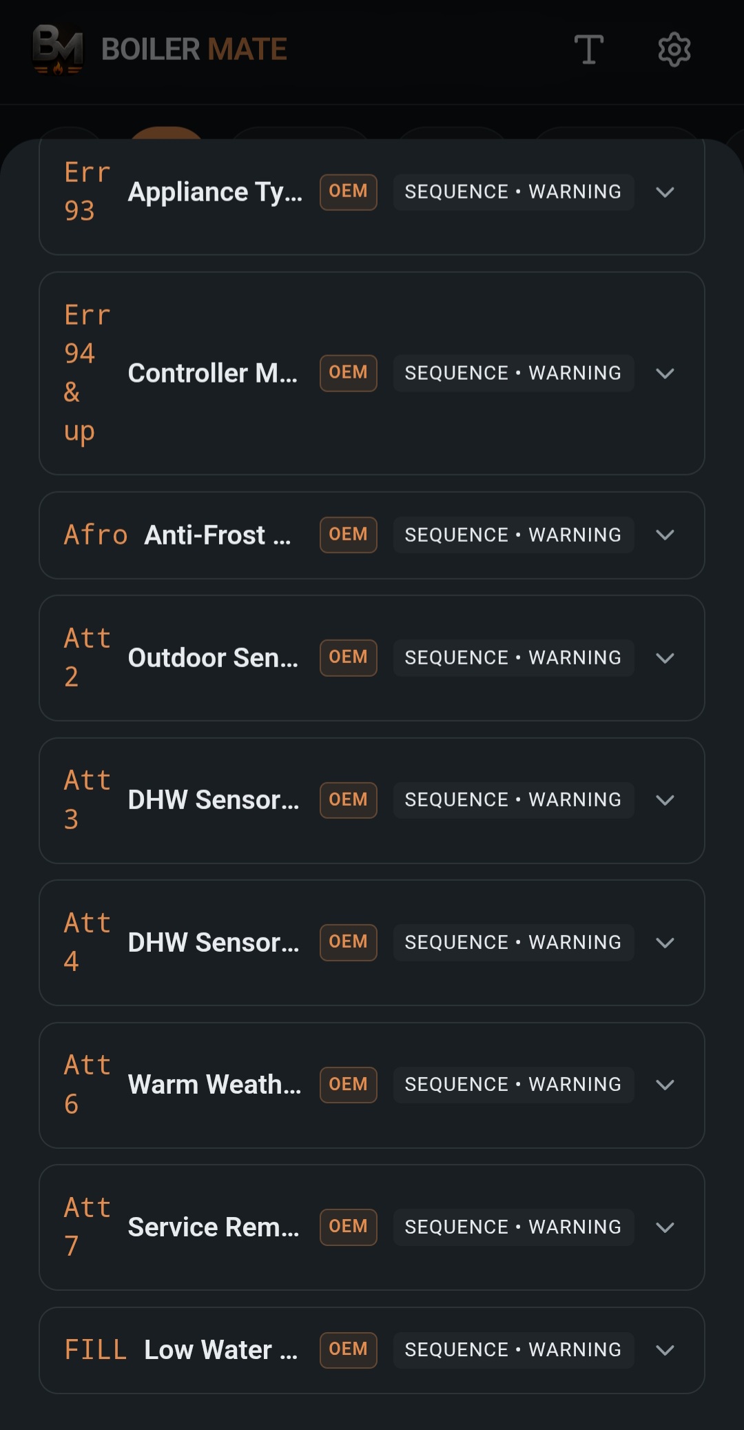 BoilerMate Fault Code 1 screen